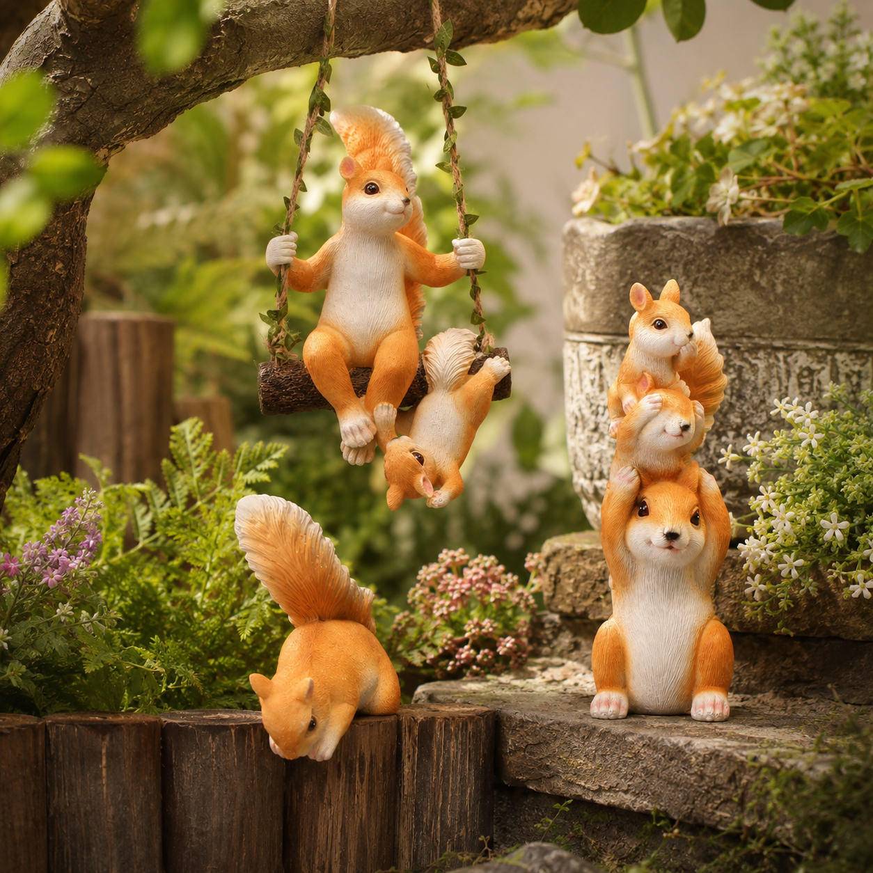 Cute Squirrel Garden Decor Figurines, 7-Style Woodland Outdoor Ornaments
