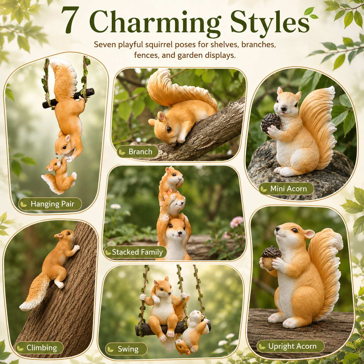 Cute Squirrel Garden Decor Figurines, 7-Style Woodland Outdoor Ornaments