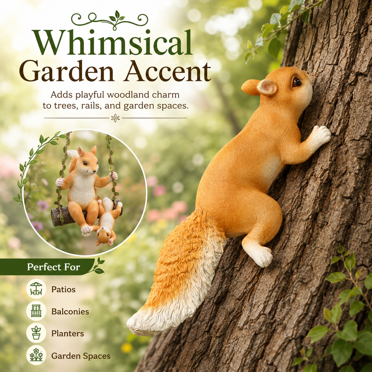 Cute Squirrel Garden Decor Figurines, 7-Style Woodland Outdoor Ornaments