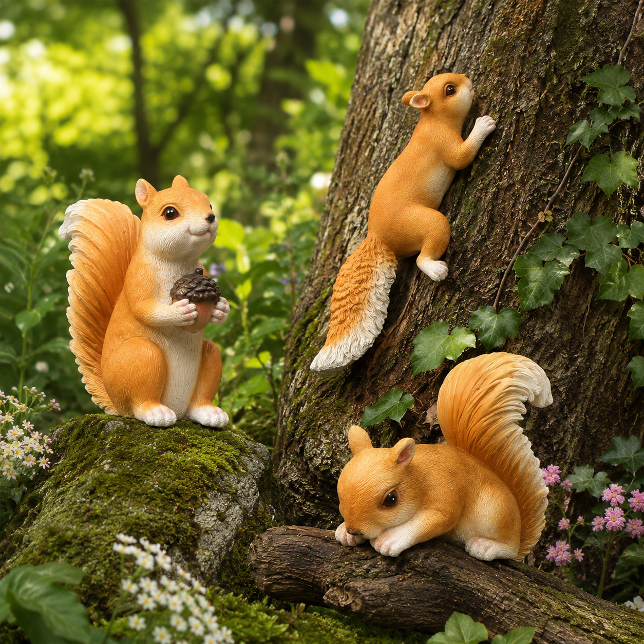 Cute Squirrel Garden Decor Figurines, 7-Style Woodland Outdoor Ornaments