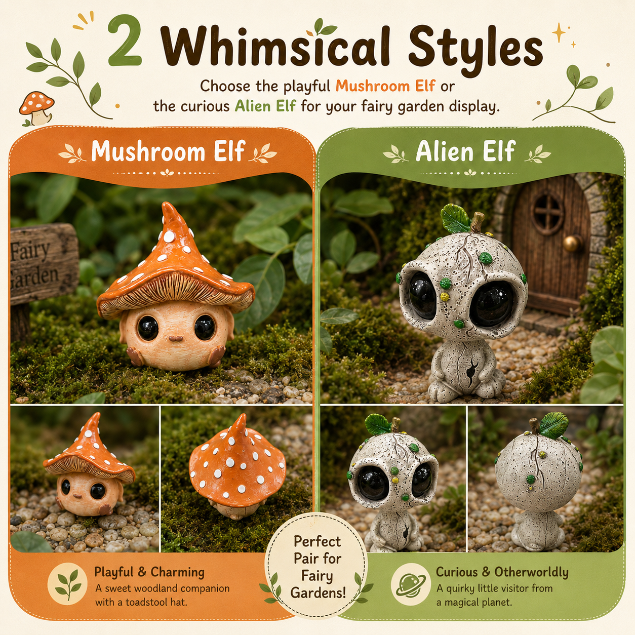 Mini Fairy Garden Figurines, Cute Alien Elf & Mushroom Elf Decor