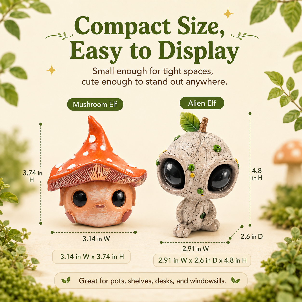 Mini Fairy Garden Figurines, Cute Alien Elf & Mushroom Elf Decor