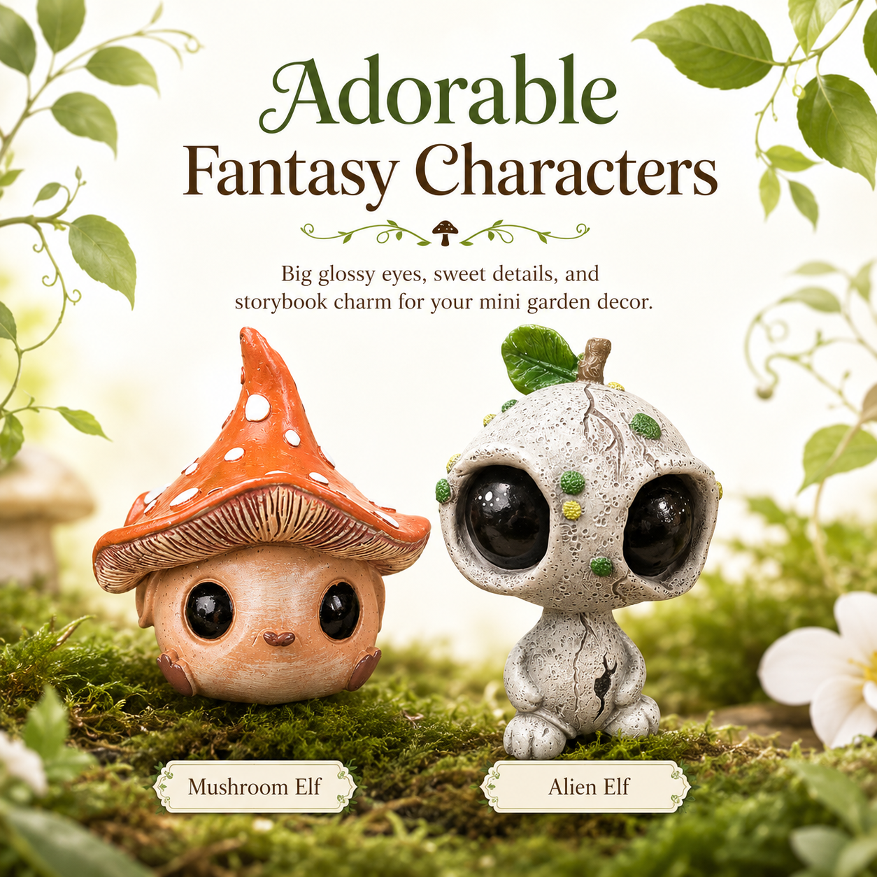 Mini Fairy Garden Figurines, Cute Alien Elf & Mushroom Elf Decor