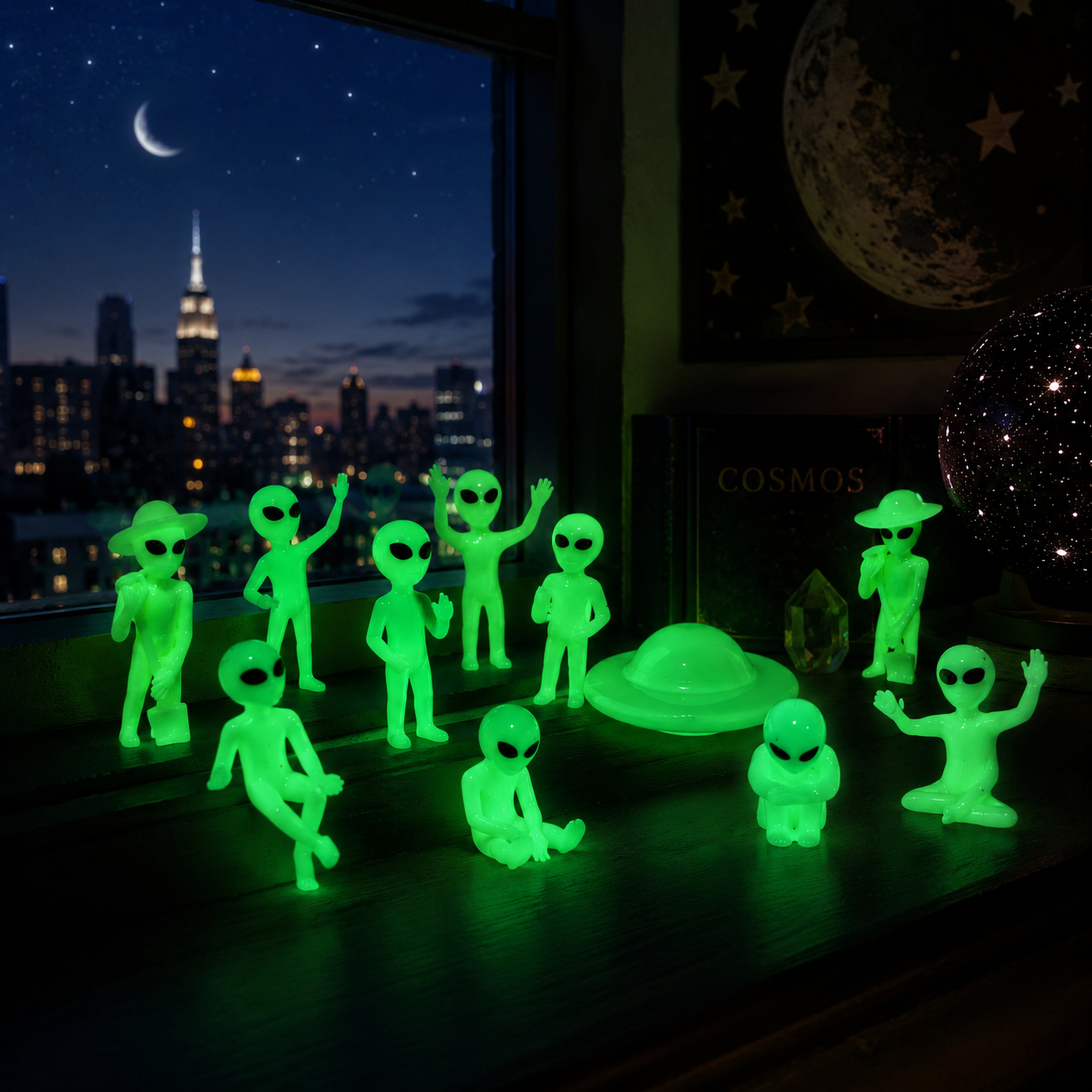 Glow-in-the-Dark Alien Figurine Set with UFO, Resin Mini Alien Decorations