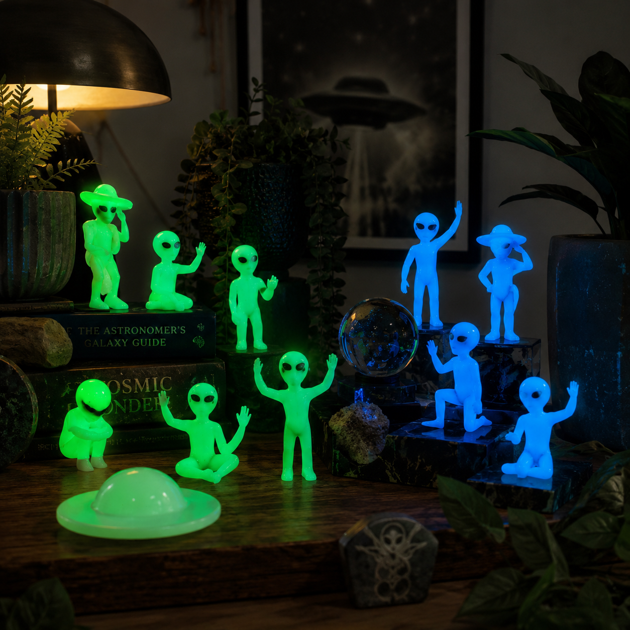 Glow-in-the-Dark Alien Figurine Set with UFO, Resin Mini Alien Decorations