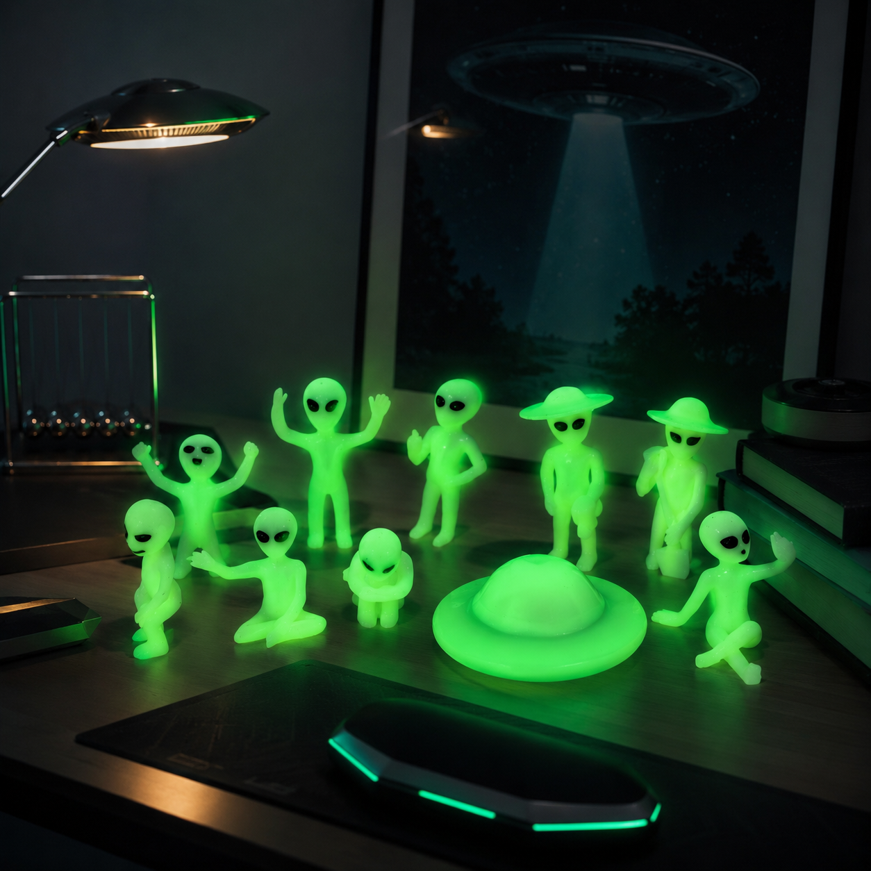 Glow-in-the-Dark Alien Figurine Set with UFO, Resin Mini Alien Decorations
