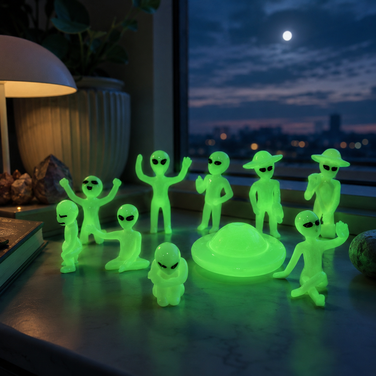 Glow-in-the-Dark Alien Figurine Set with UFO, Resin Mini Alien Decorations