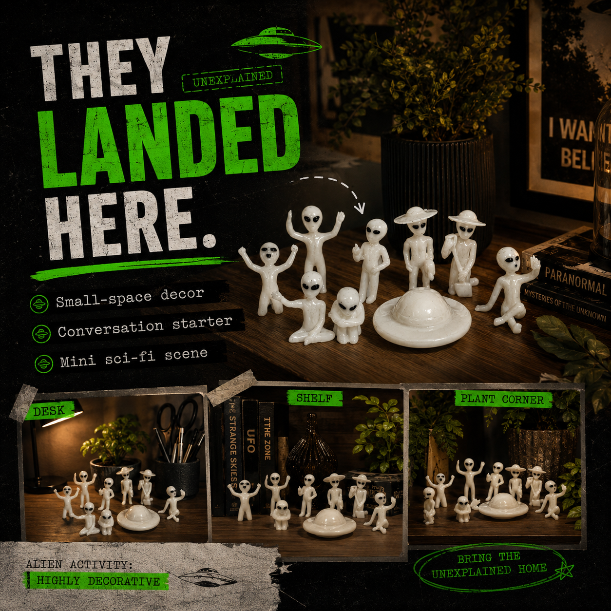 Glow-in-the-Dark Alien Figurine Set with UFO, Resin Mini Alien Decorations