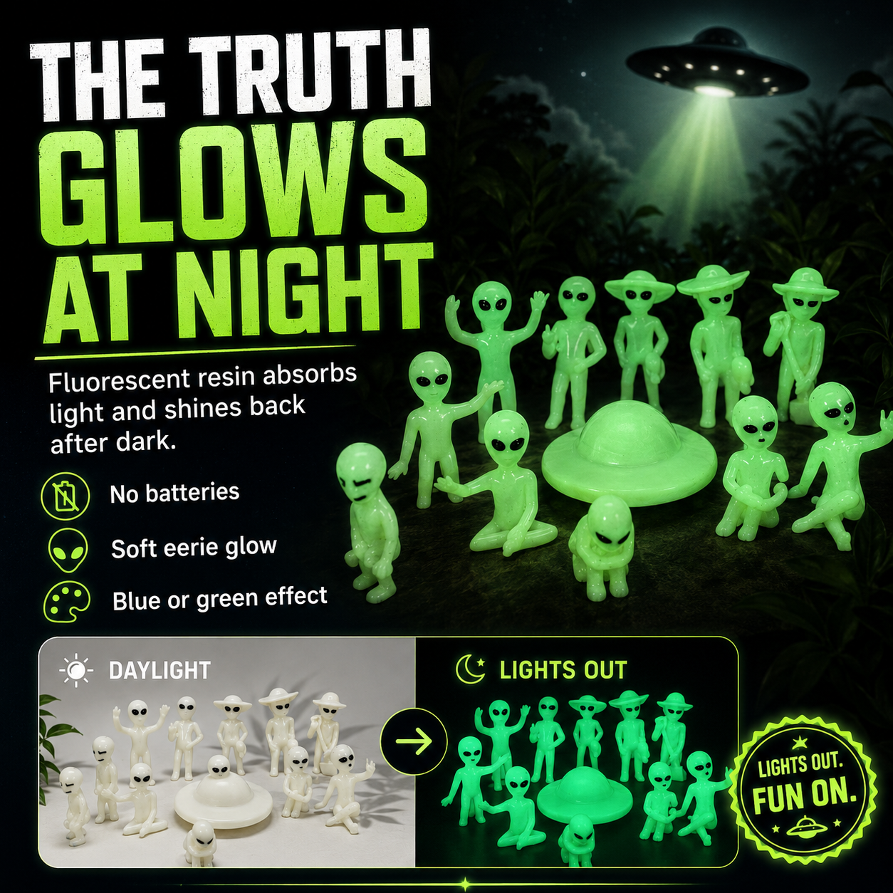 Glow-in-the-Dark Alien Figurine Set with UFO, Resin Mini Alien Decorations