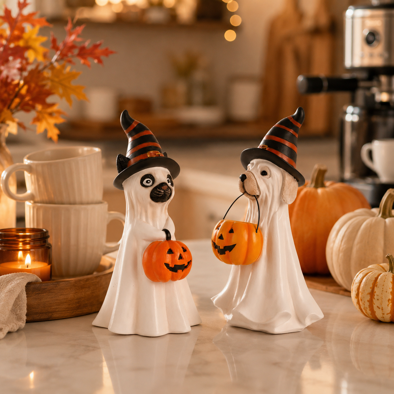 Halloween Ghost Pet Figurine, Cute Resin Dog & Cat Tabletop Decor with Witch Hat and Pumpkin Bucket