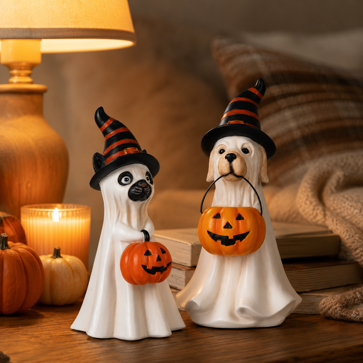 Halloween Ghost Pet Figurine, Cute Resin Dog & Cat Tabletop Decor with Witch Hat and Pumpkin Bucket
