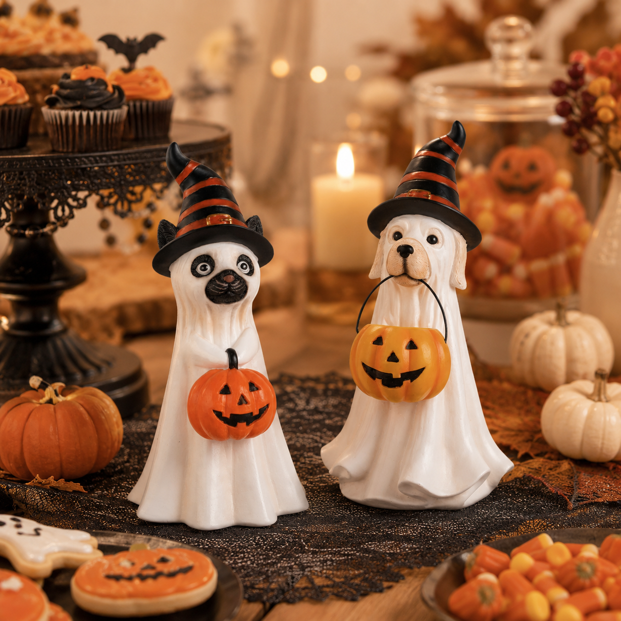 Halloween Ghost Pet Figurine, Cute Resin Dog & Cat Tabletop Decor with Witch Hat and Pumpkin Bucket