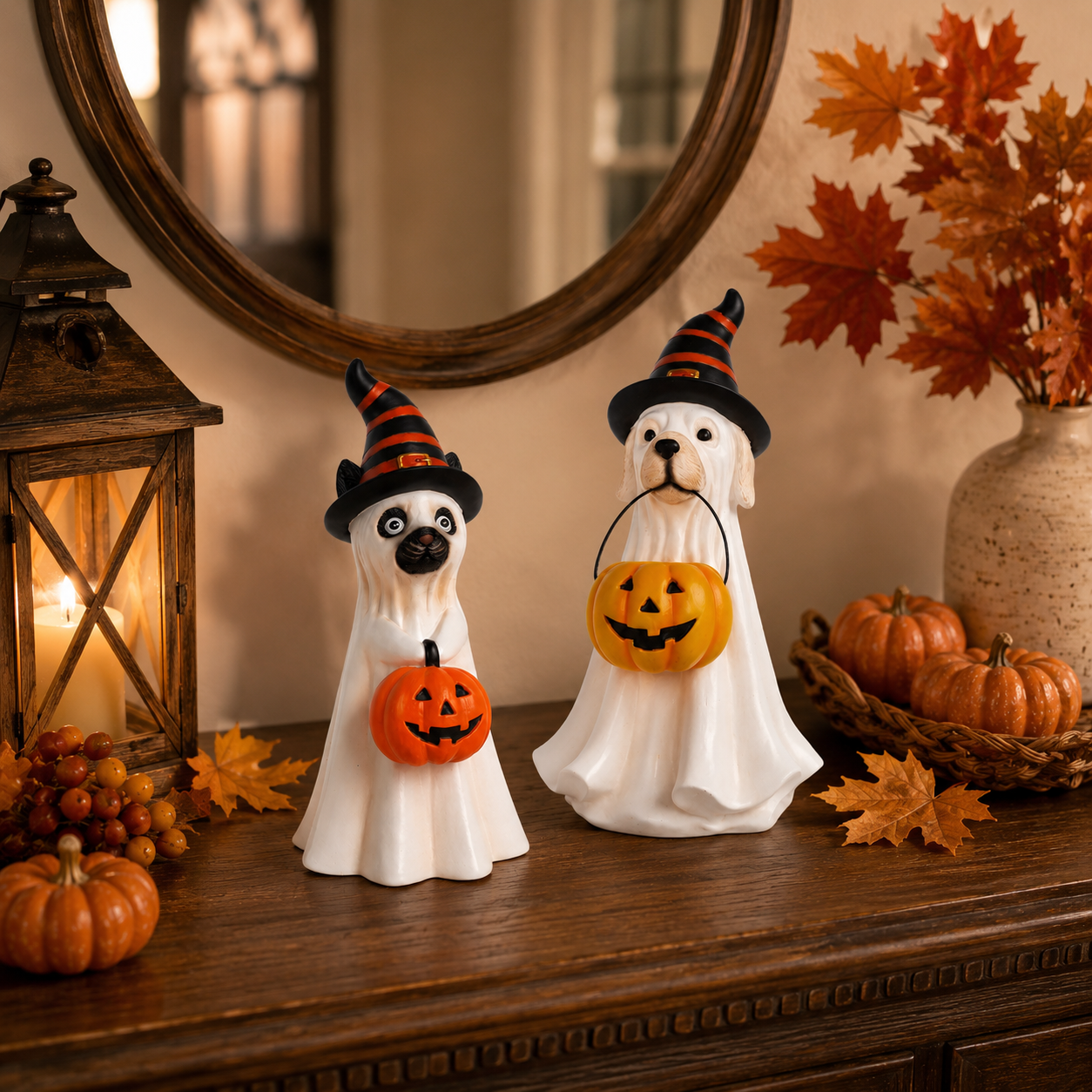 Halloween Ghost Pet Figurine, Cute Resin Dog & Cat Tabletop Decor with Witch Hat and Pumpkin Bucket
