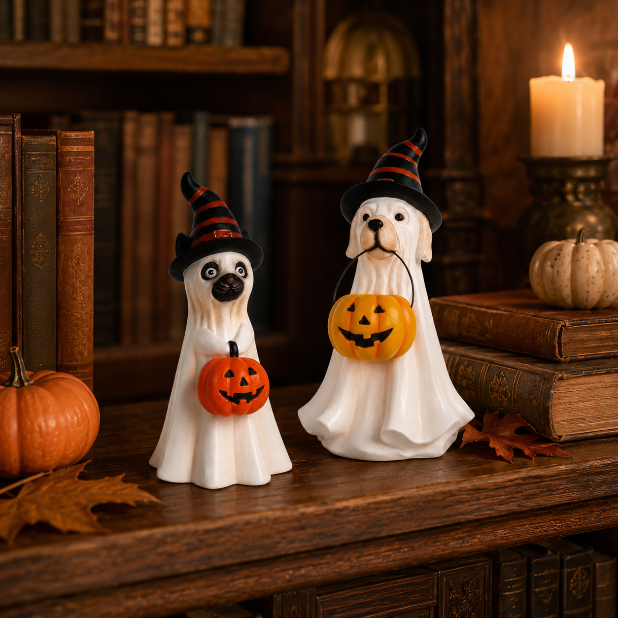 Halloween Ghost Pet Figurine, Cute Resin Dog & Cat Tabletop Decor with Witch Hat and Pumpkin Bucket
