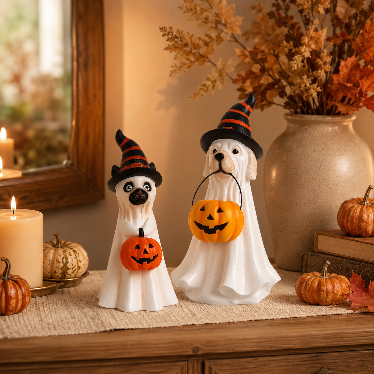 Halloween Ghost Pet Figurine, Cute Resin Dog & Cat Tabletop Decor with Witch Hat and Pumpkin Bucket
