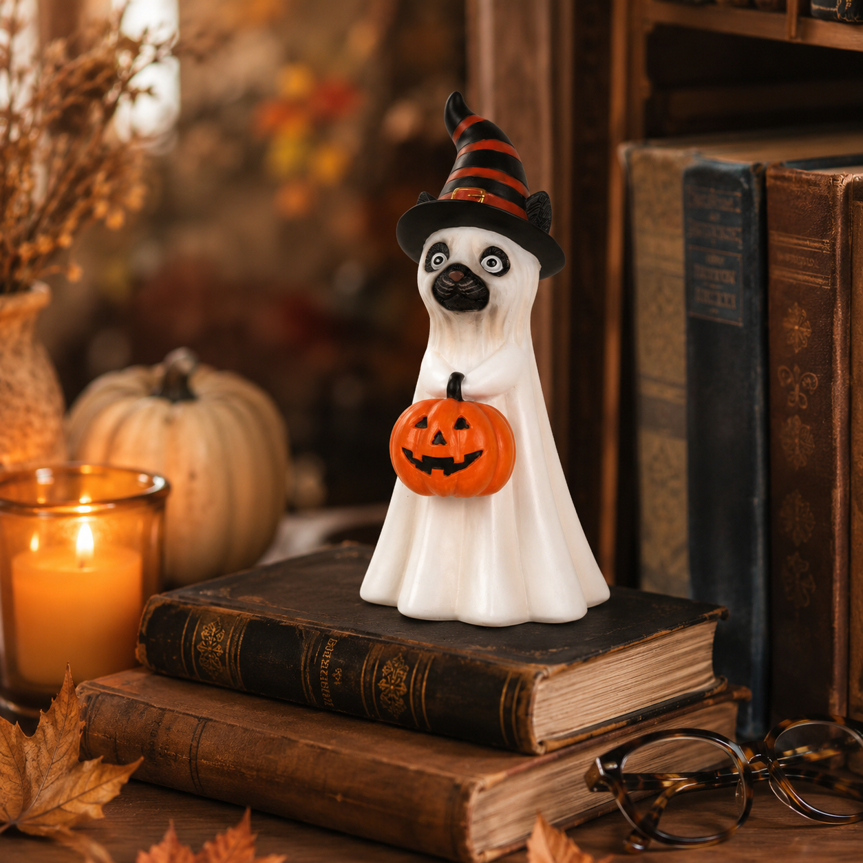 Halloween Ghost Pet Figurine, Cute Resin Dog & Cat Tabletop Decor with Witch Hat and Pumpkin Bucket
