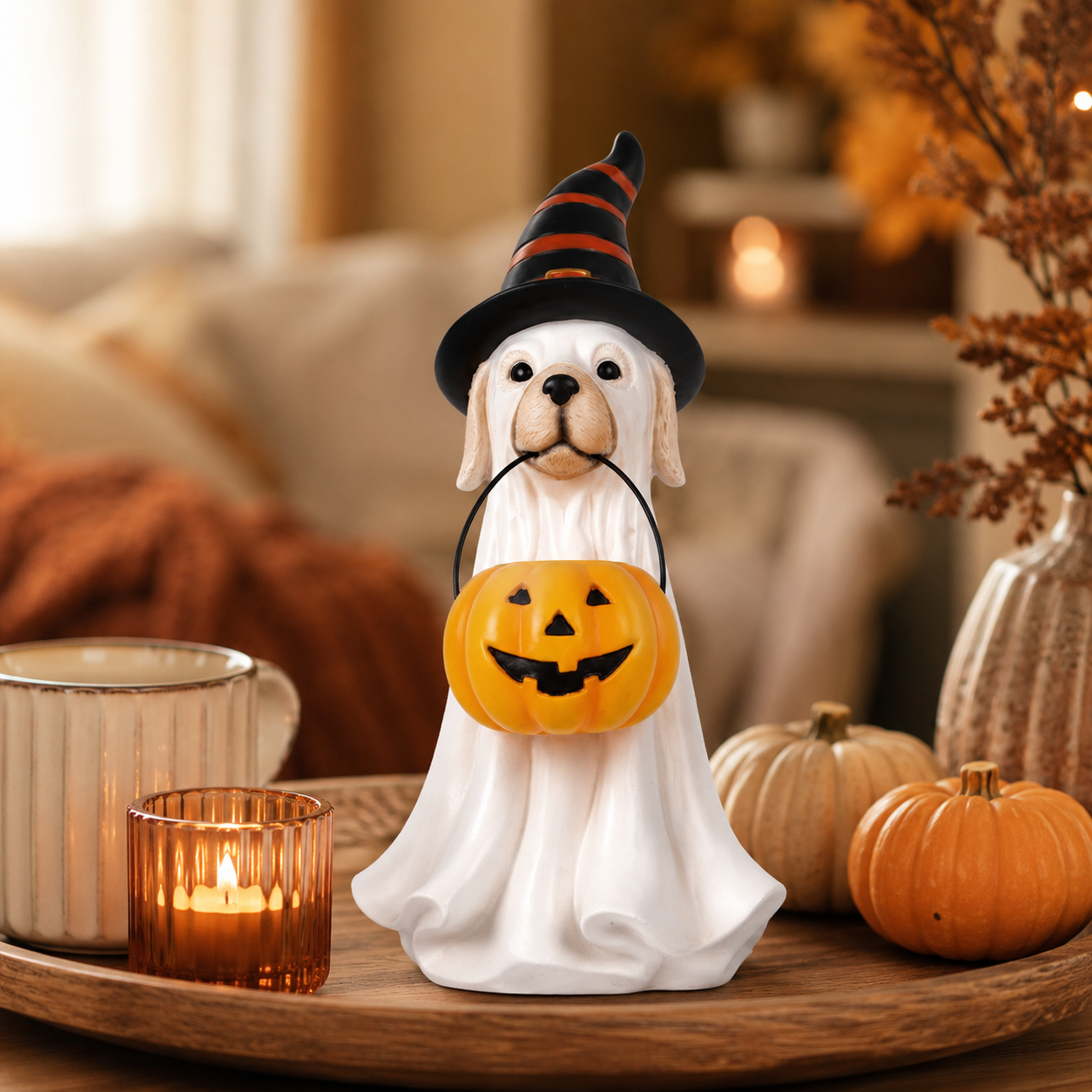 Halloween Ghost Pet Figurine, Cute Resin Dog & Cat Tabletop Decor with Witch Hat and Pumpkin Bucket