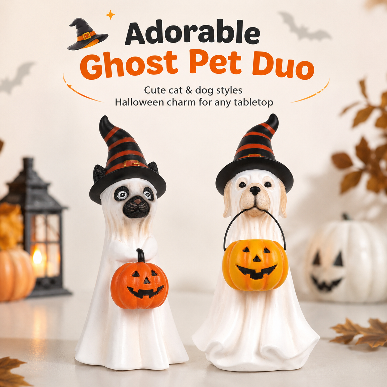 Halloween Ghost Pet Figurine, Cute Resin Dog & Cat Tabletop Decor with Witch Hat and Pumpkin Bucket