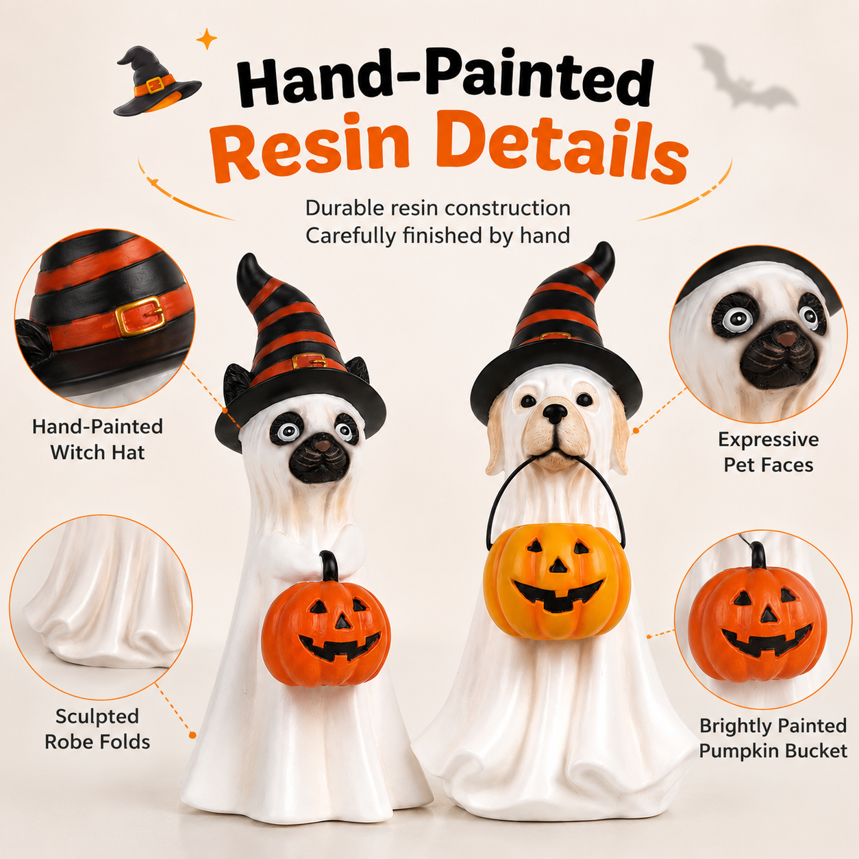 Halloween Ghost Pet Figurine, Cute Resin Dog & Cat Tabletop Decor with Witch Hat and Pumpkin Bucket