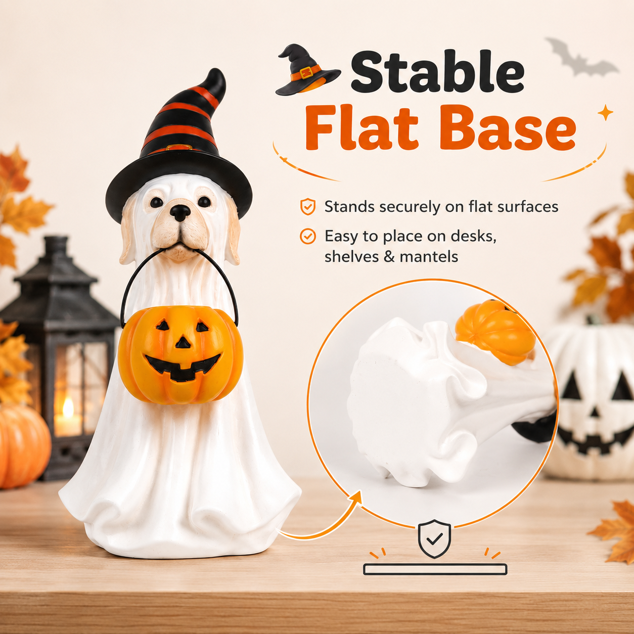 Halloween Ghost Pet Figurine, Cute Resin Dog & Cat Tabletop Decor with Witch Hat and Pumpkin Bucket