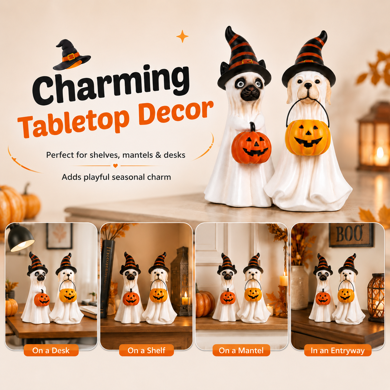 Halloween Ghost Pet Figurine, Cute Resin Dog & Cat Tabletop Decor with Witch Hat and Pumpkin Bucket