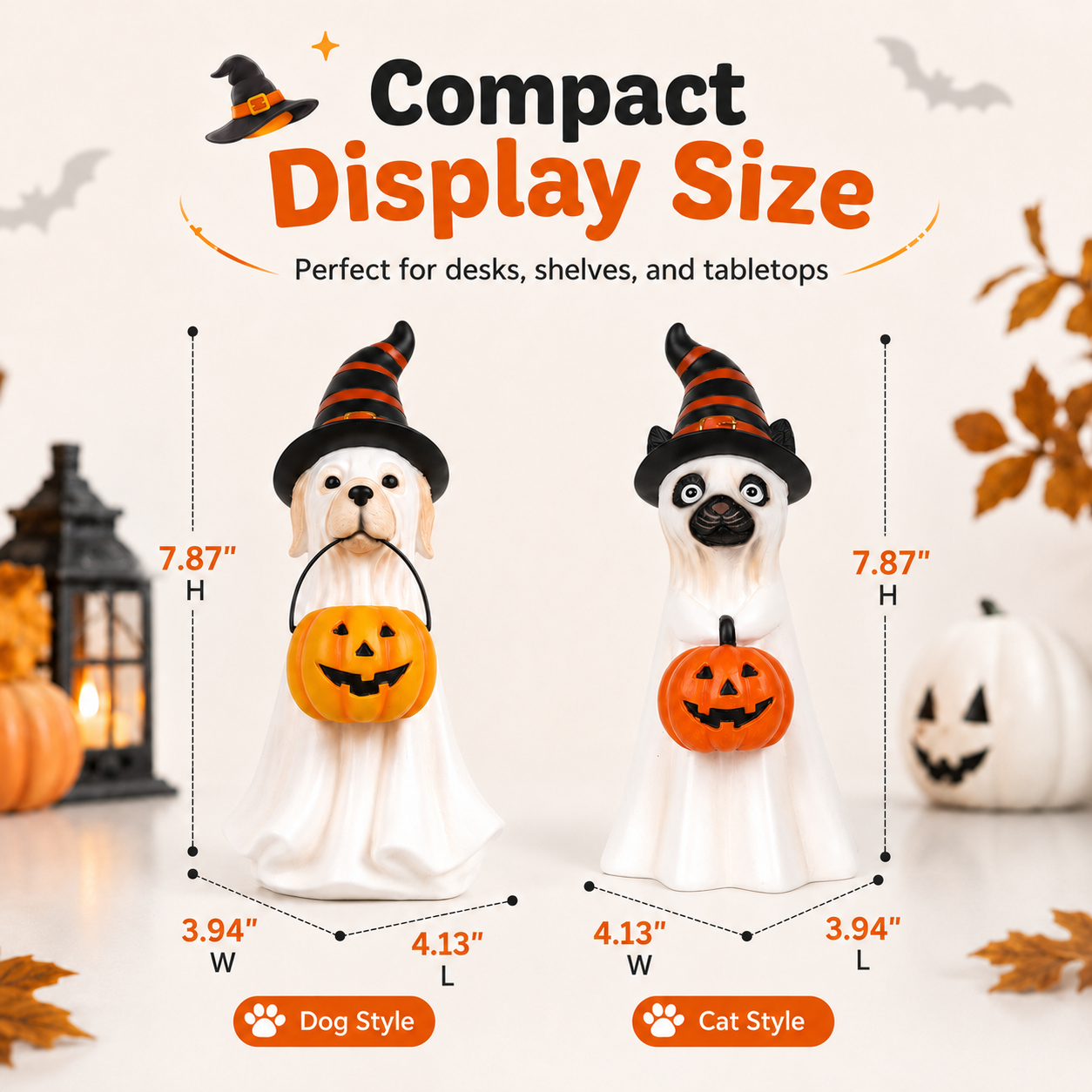 Halloween Ghost Pet Figurine, Cute Resin Dog & Cat Tabletop Decor with Witch Hat and Pumpkin Bucket