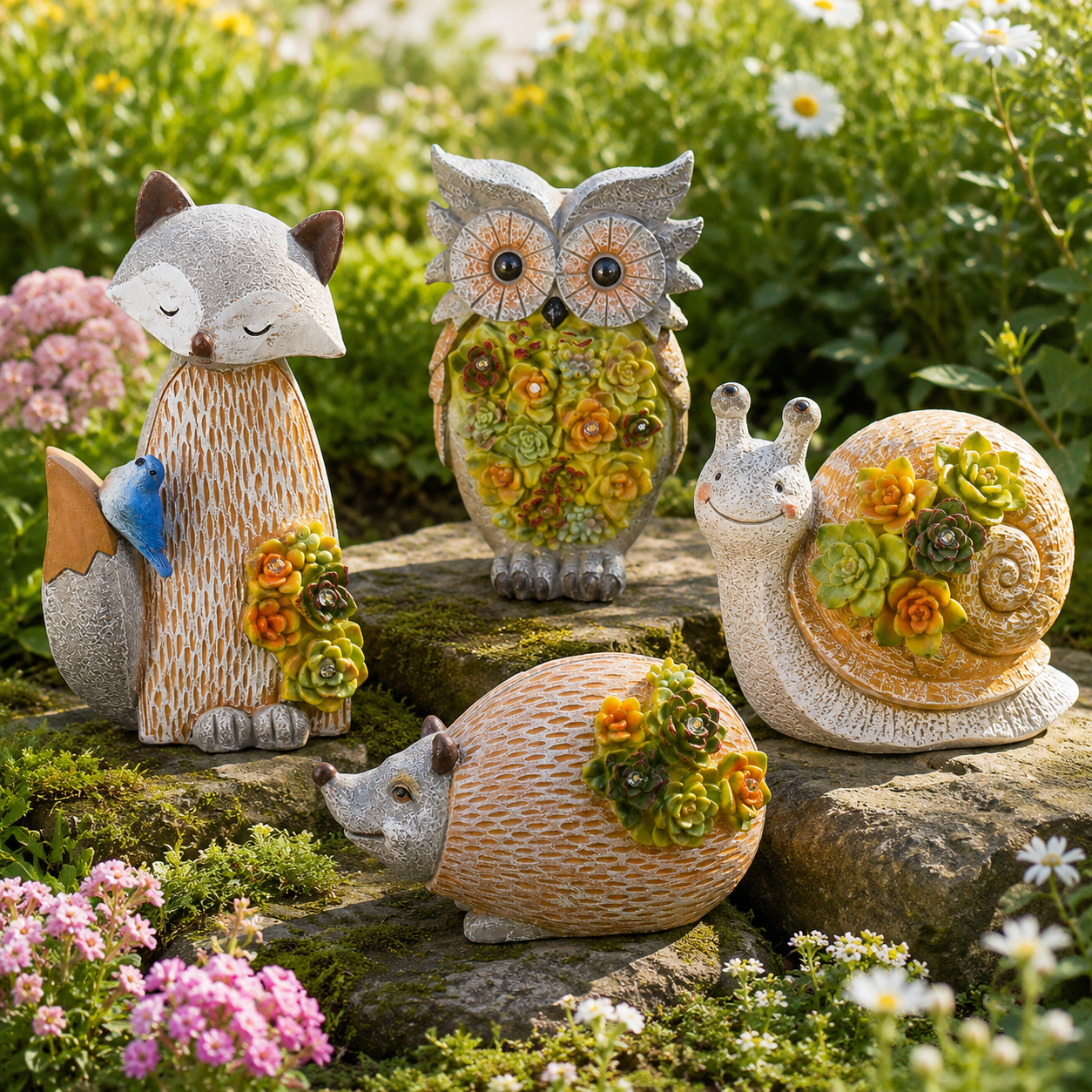 Solar Garden Animal Lights, Resin Fox Owl Snail Hedgehog Outdoor Decor