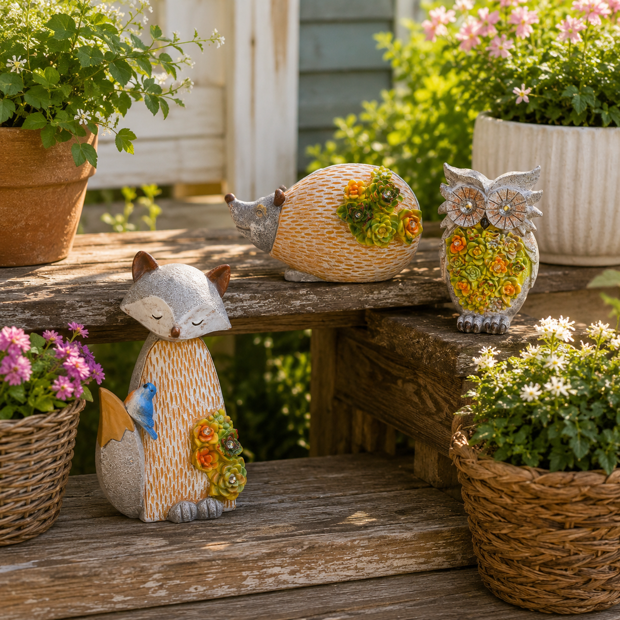 Solar Garden Animal Lights, Resin Fox Owl Snail Hedgehog Outdoor Decor