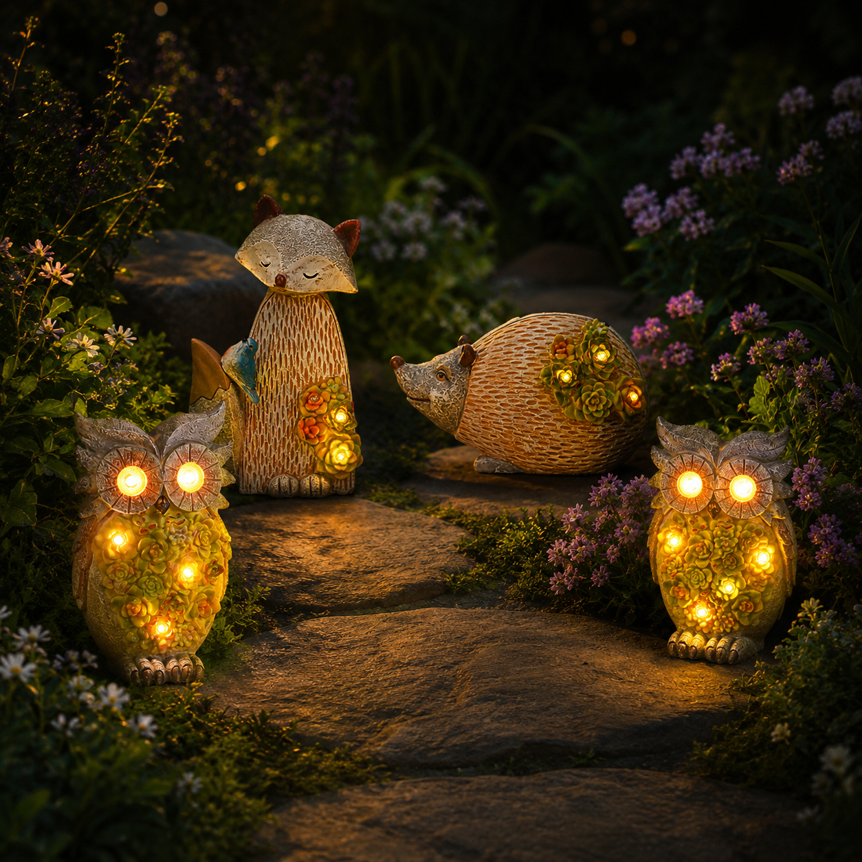 Solar Garden Animal Lights, Resin Fox Owl Snail Hedgehog Outdoor Decor