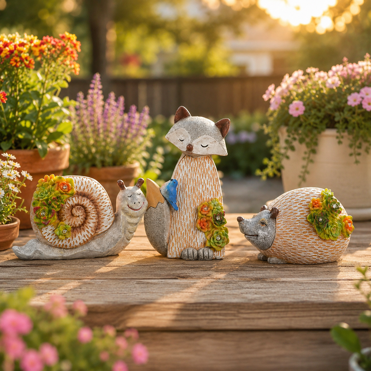Solar Garden Animal Lights, Resin Fox Owl Snail Hedgehog Outdoor Decor