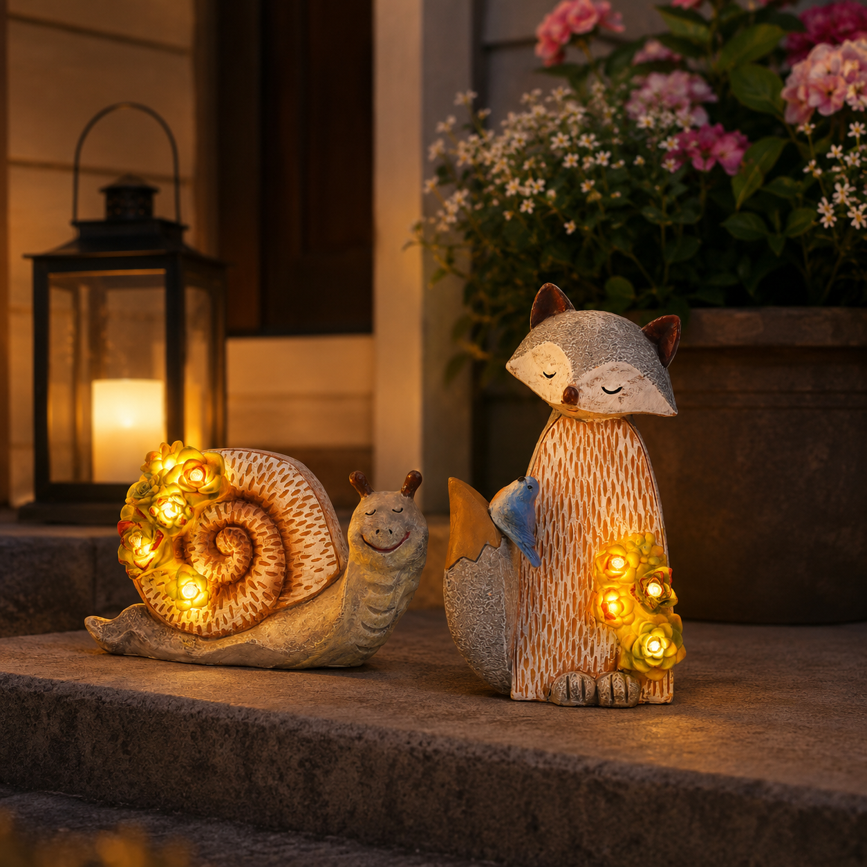 Solar Garden Animal Lights, Resin Fox Owl Snail Hedgehog Outdoor Decor
