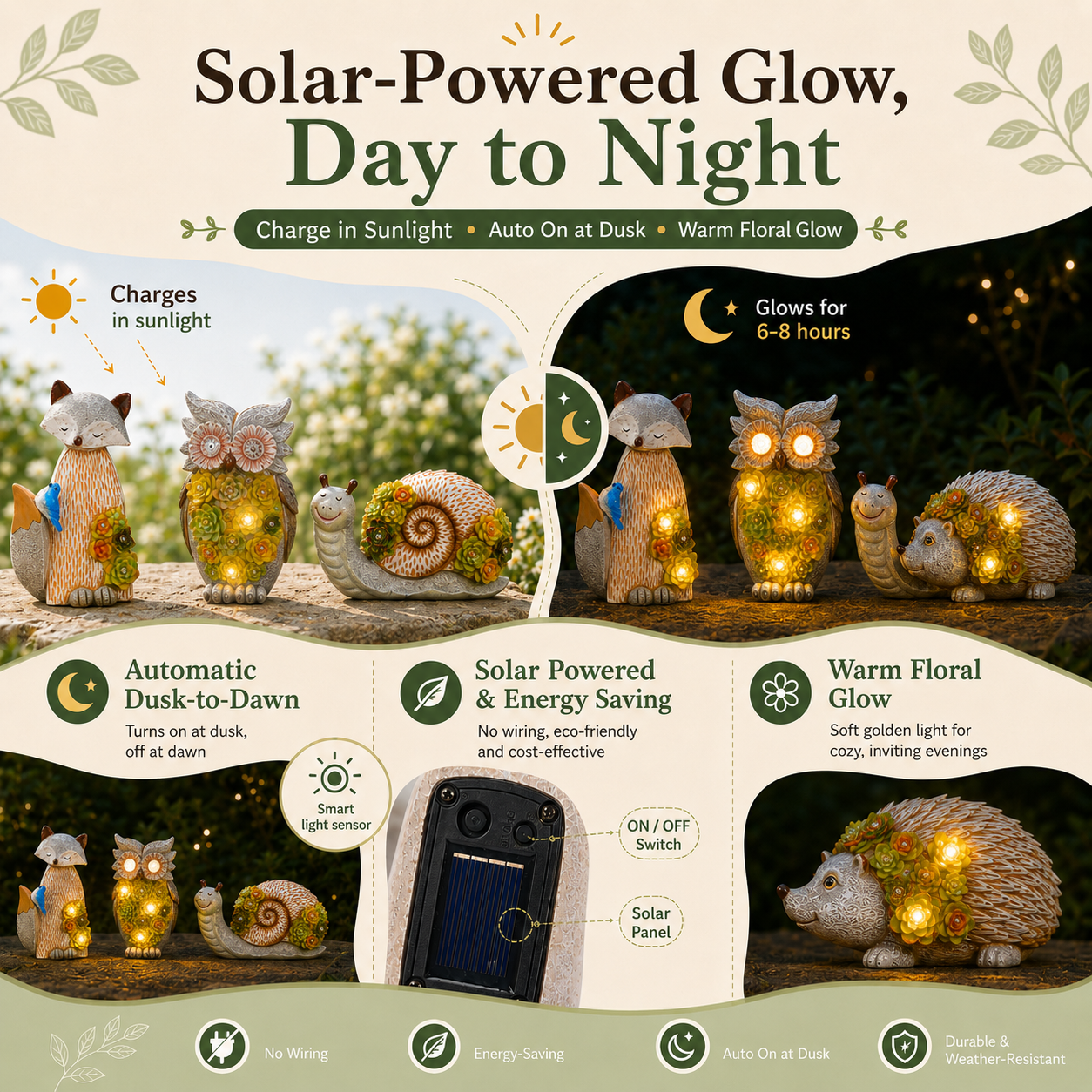 Solar Garden Animal Lights, Resin Fox Owl Snail Hedgehog Outdoor Decor
