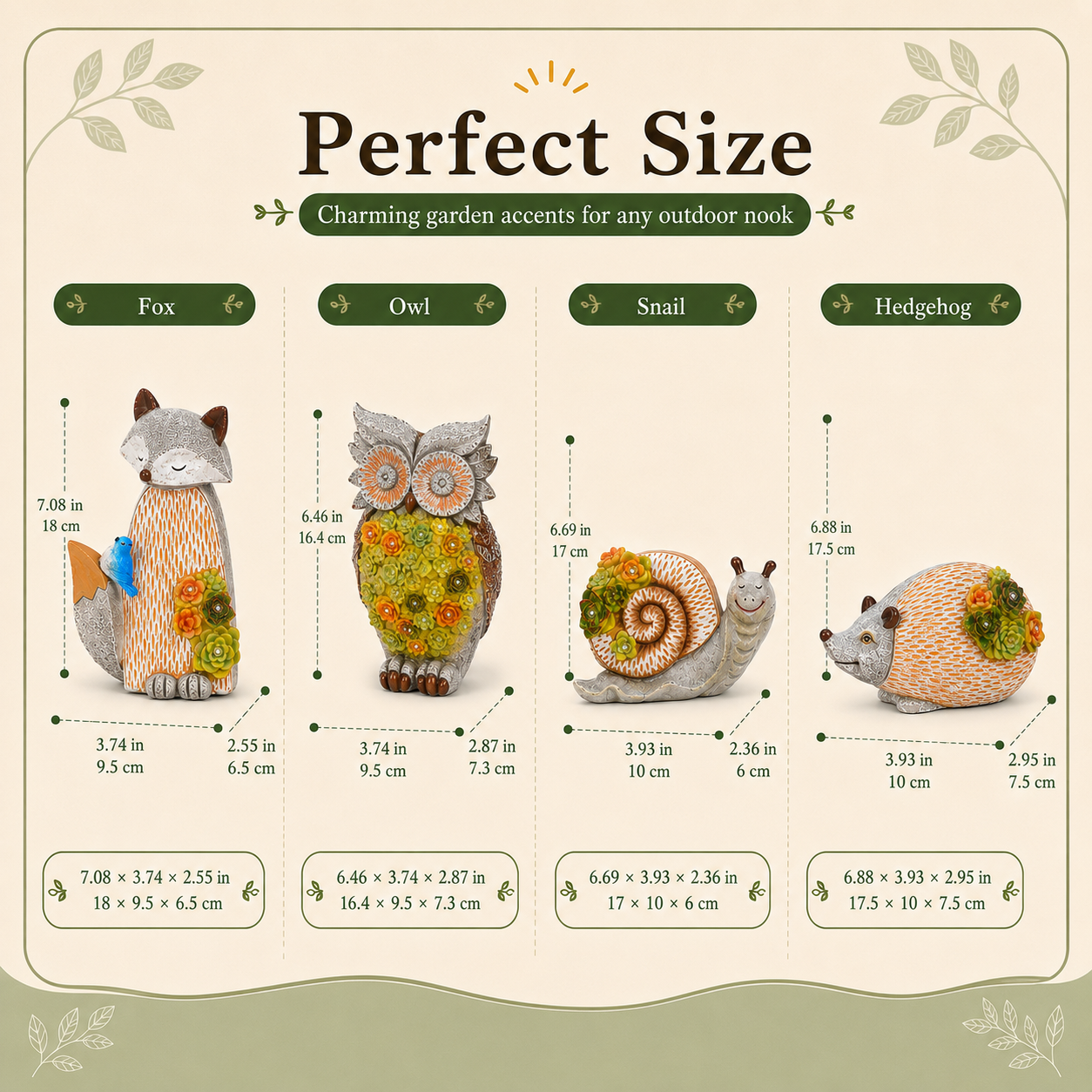 Solar Garden Animal Lights, Resin Fox Owl Snail Hedgehog Outdoor Decor
