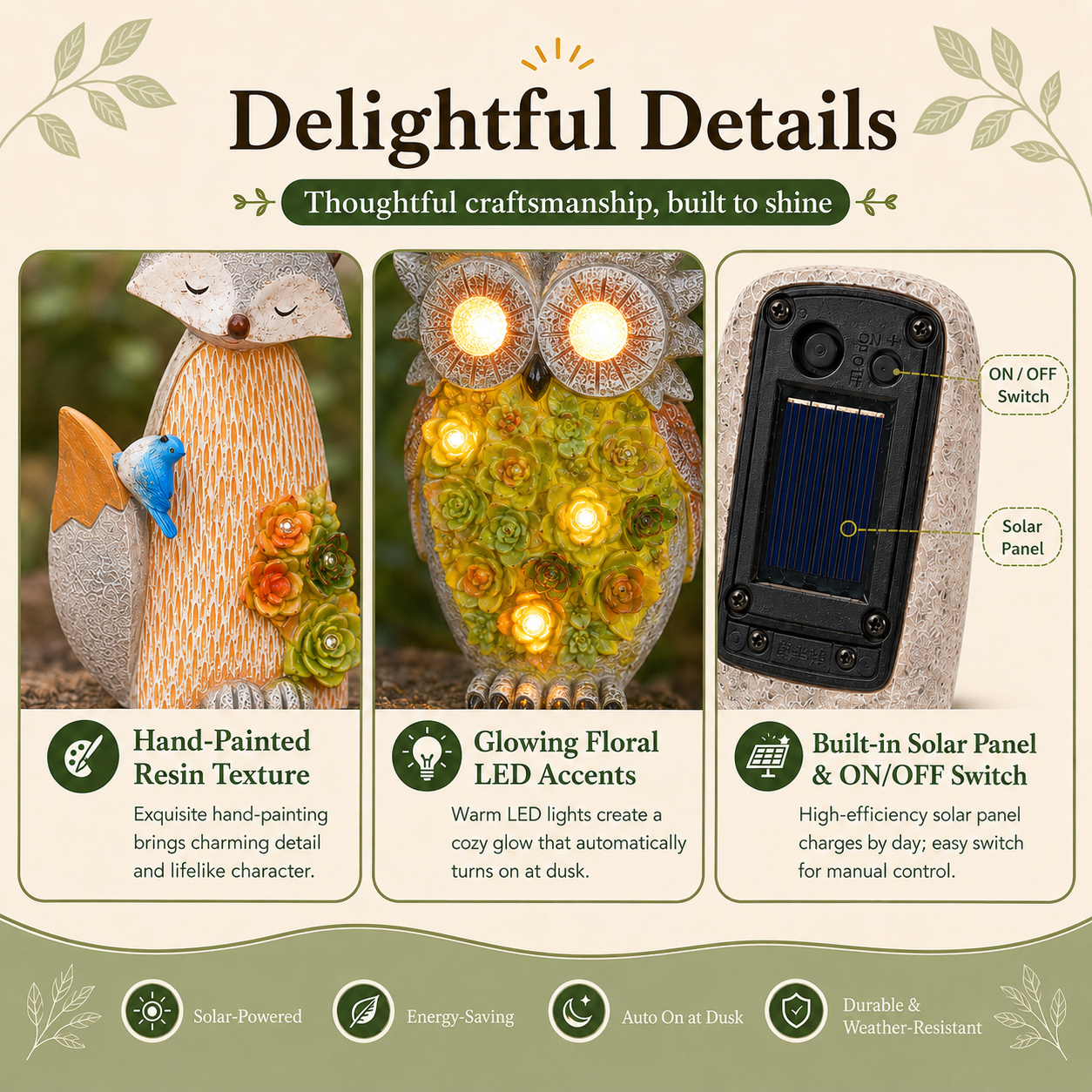 Solar Garden Animal Lights, Resin Fox Owl Snail Hedgehog Outdoor Decor