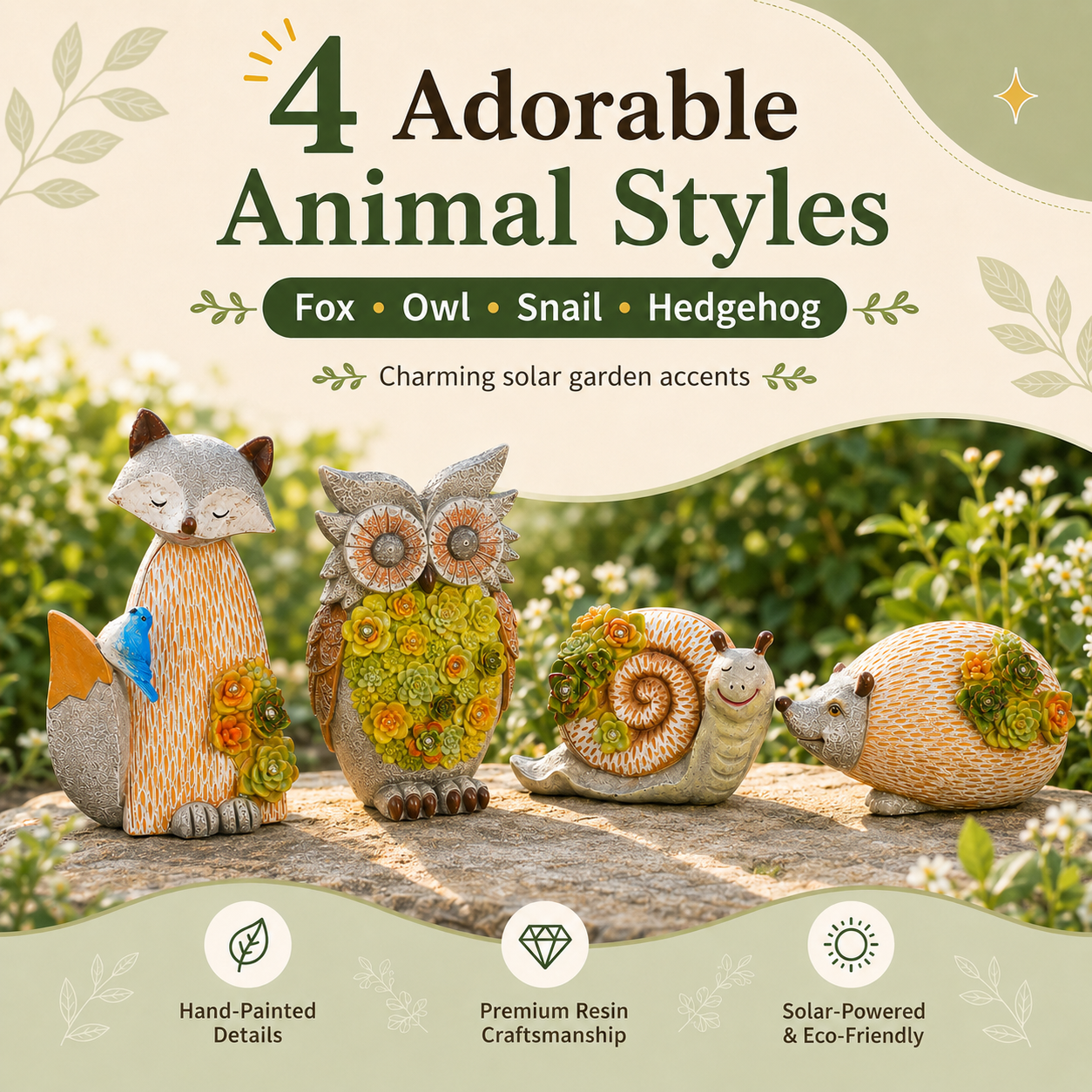 Solar Garden Animal Lights, Resin Fox Owl Snail Hedgehog Outdoor Decor