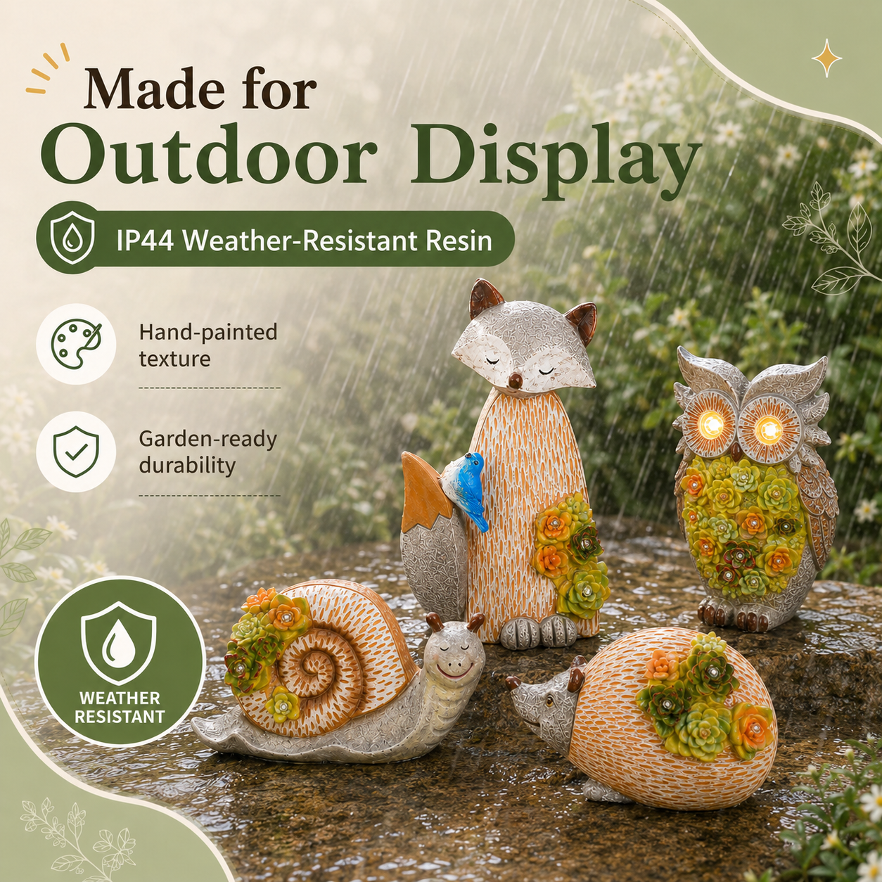 Solar Garden Animal Lights, Resin Fox Owl Snail Hedgehog Outdoor Decor