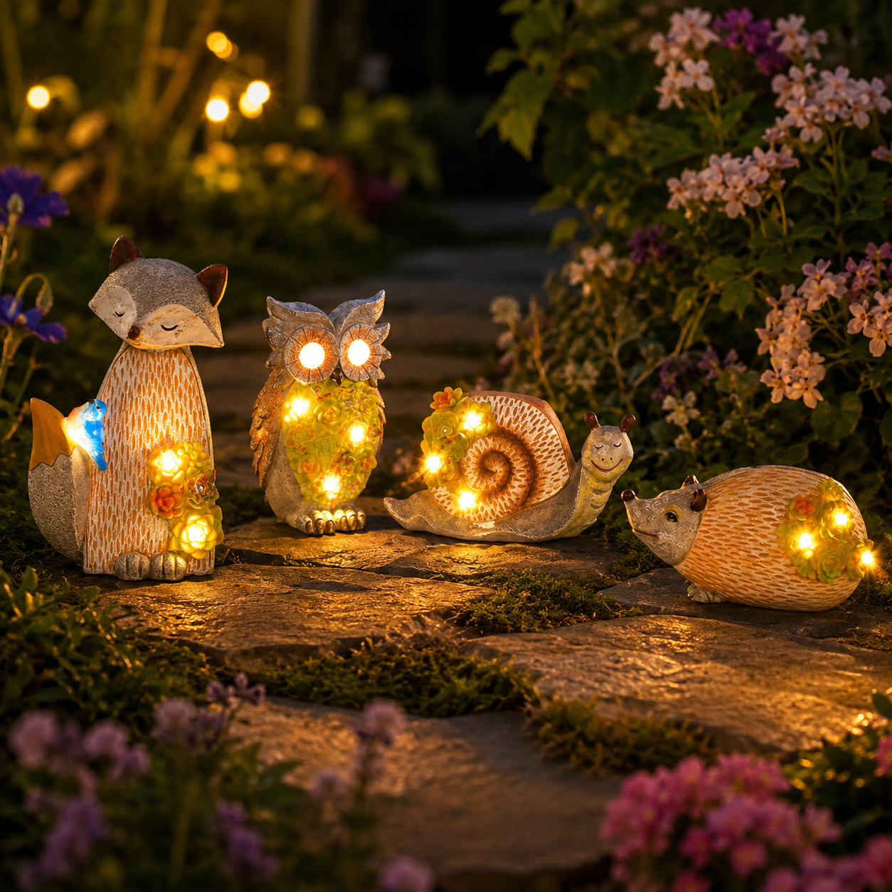 Solar Garden Animal Lights, Resin Fox Owl Snail Hedgehog Outdoor Decor