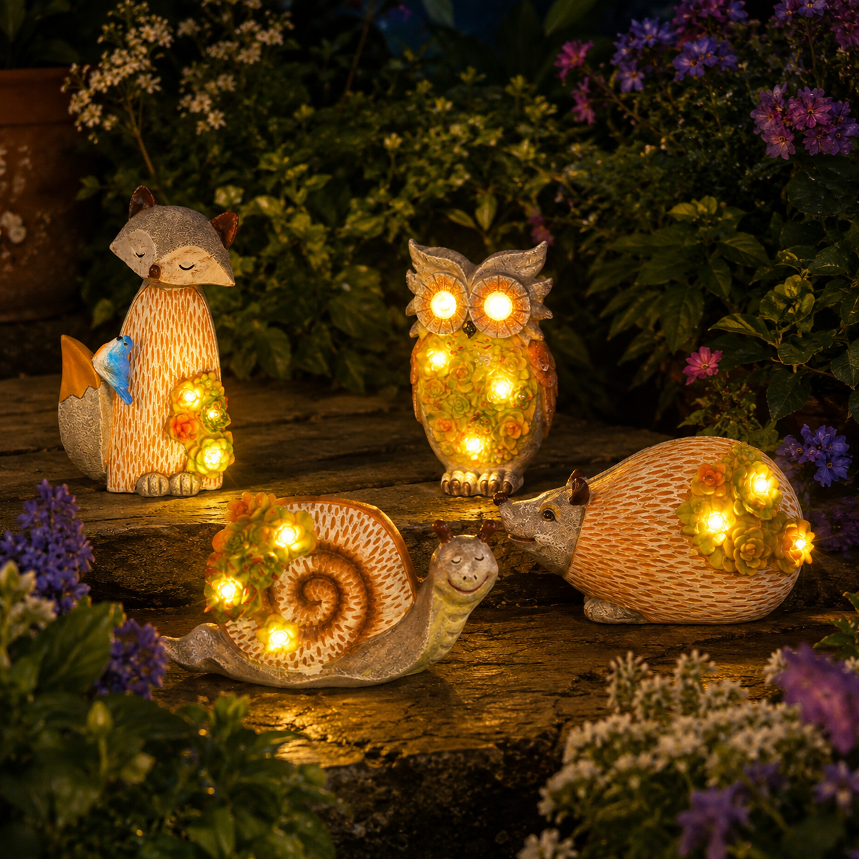 Solar Garden Animal Lights, Resin Fox Owl Snail Hedgehog Outdoor Decor