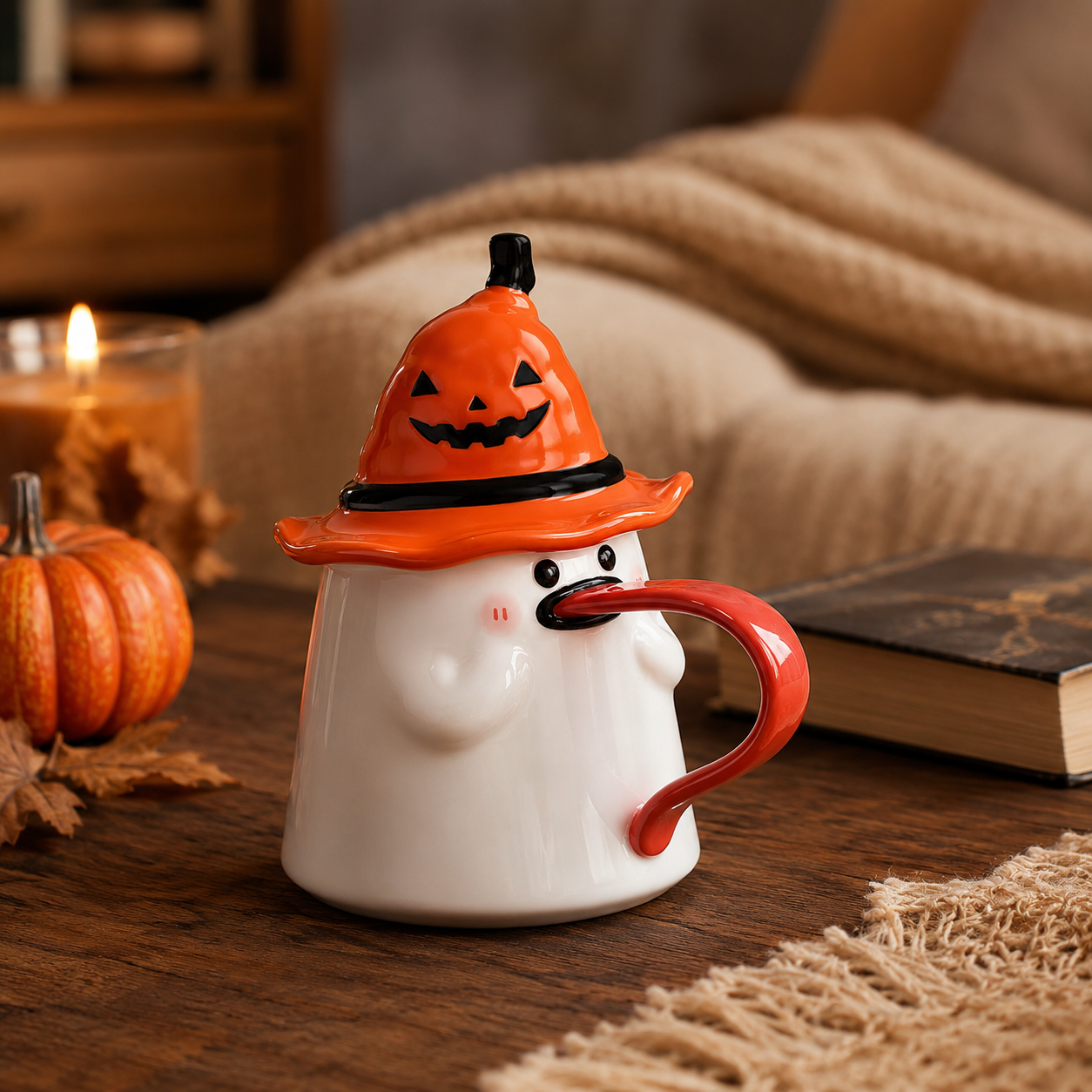 Cute Halloween Ghost Ceramic Mug with Witch Hat Lid 👻