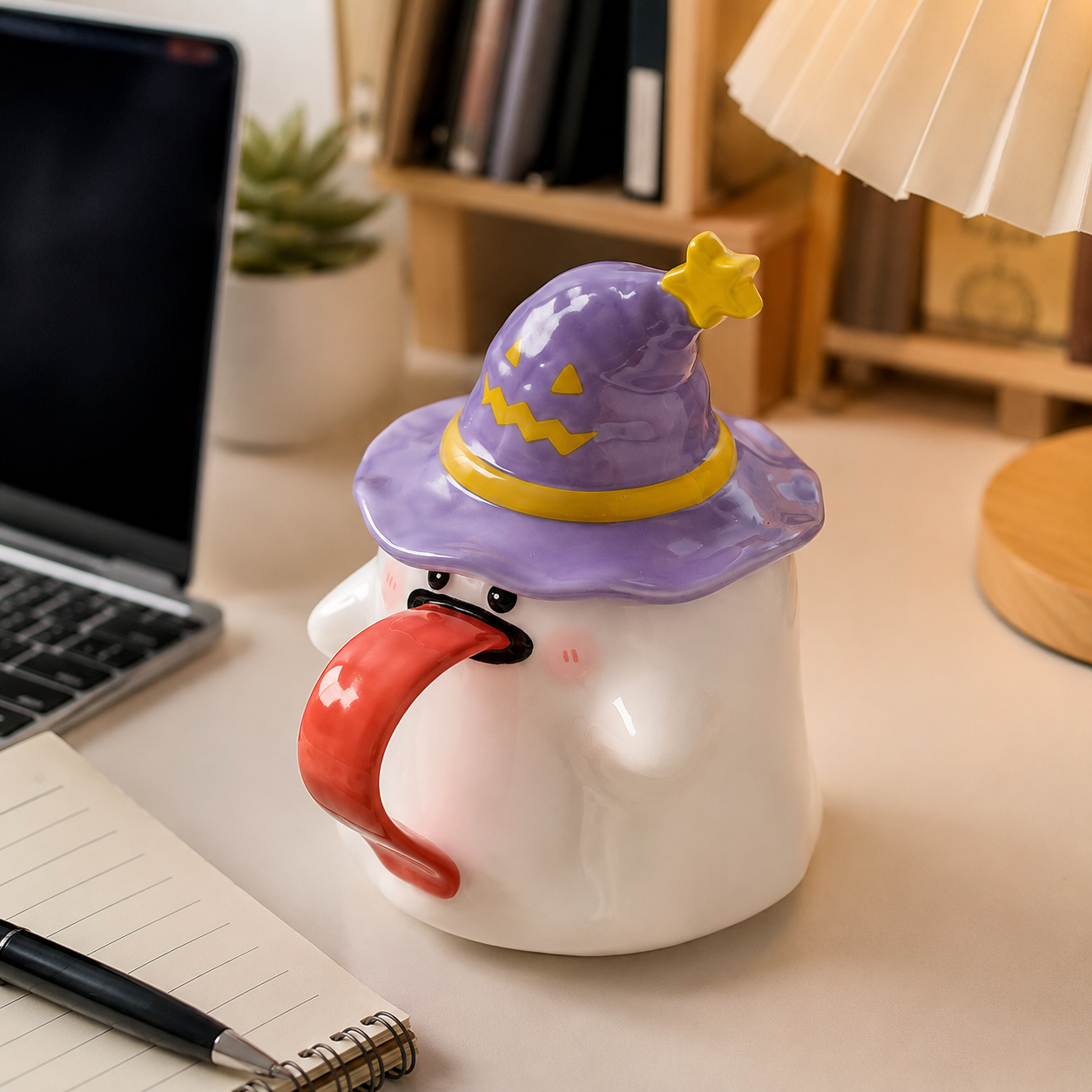 Cute Halloween Ghost Ceramic Mug with Witch Hat Lid 👻
