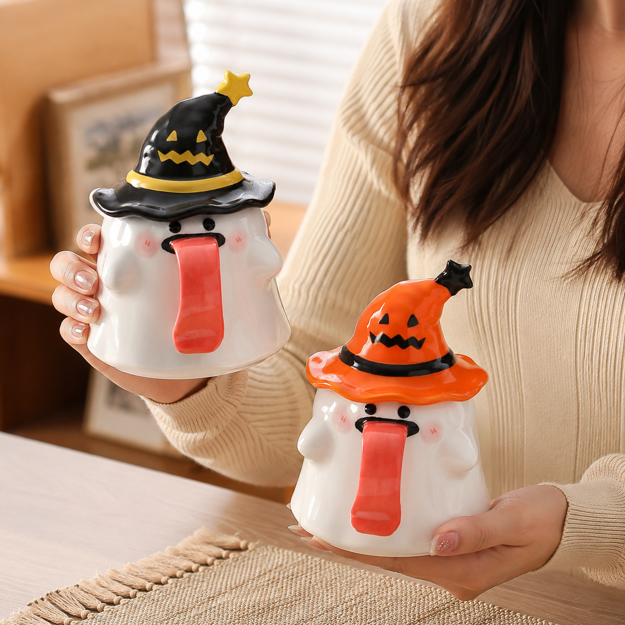 Cute Halloween Ghost Ceramic Mug with Witch Hat Lid 👻