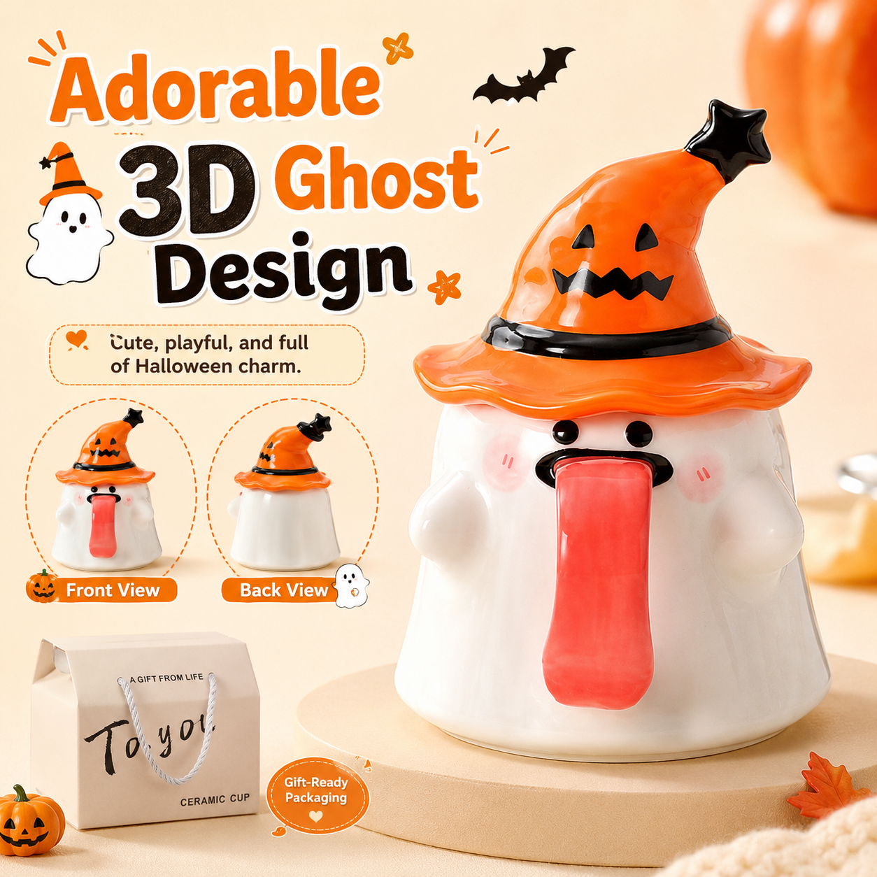 Cute Halloween Ghost Ceramic Mug with Witch Hat Lid 👻