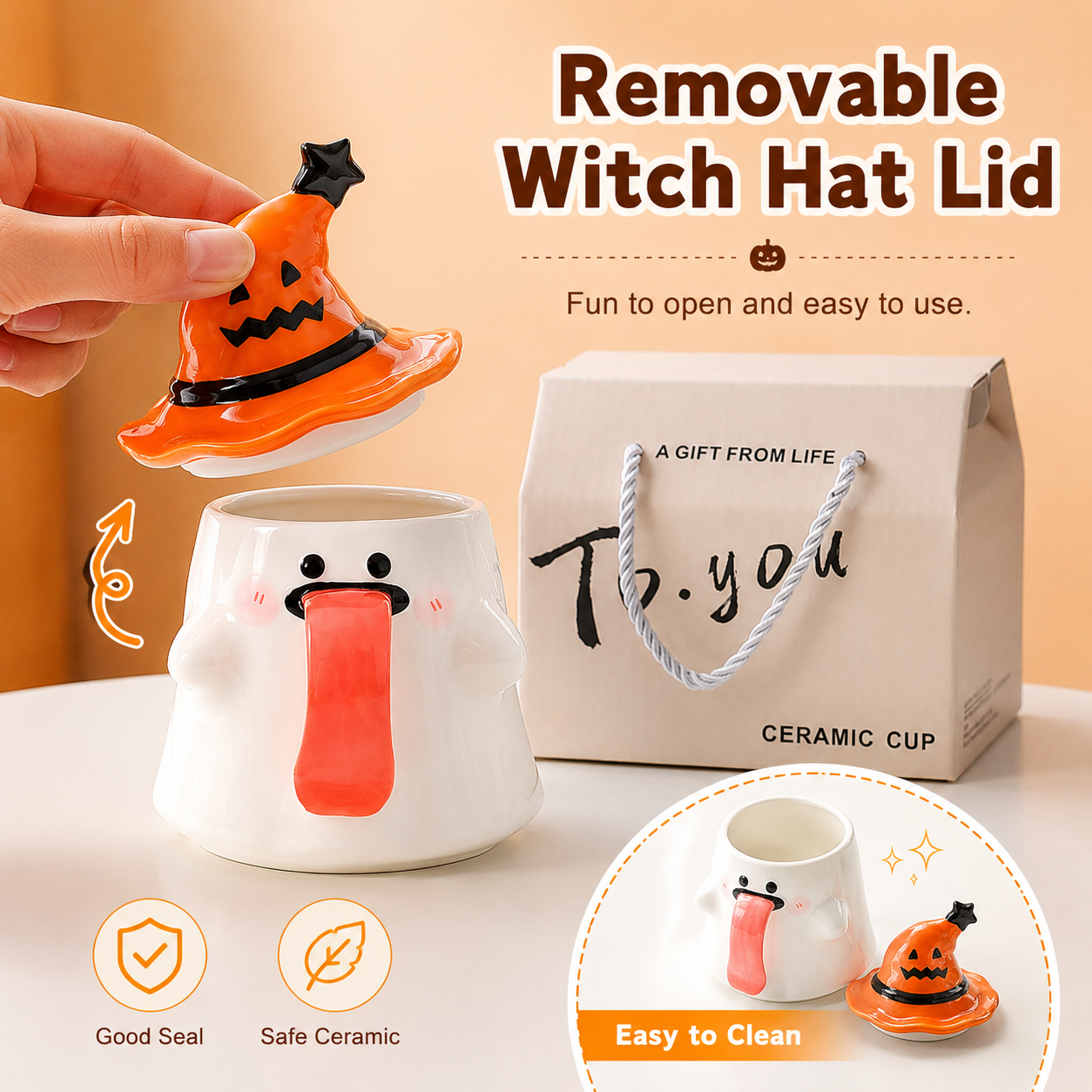 Cute Halloween Ghost Ceramic Mug with Witch Hat Lid 👻