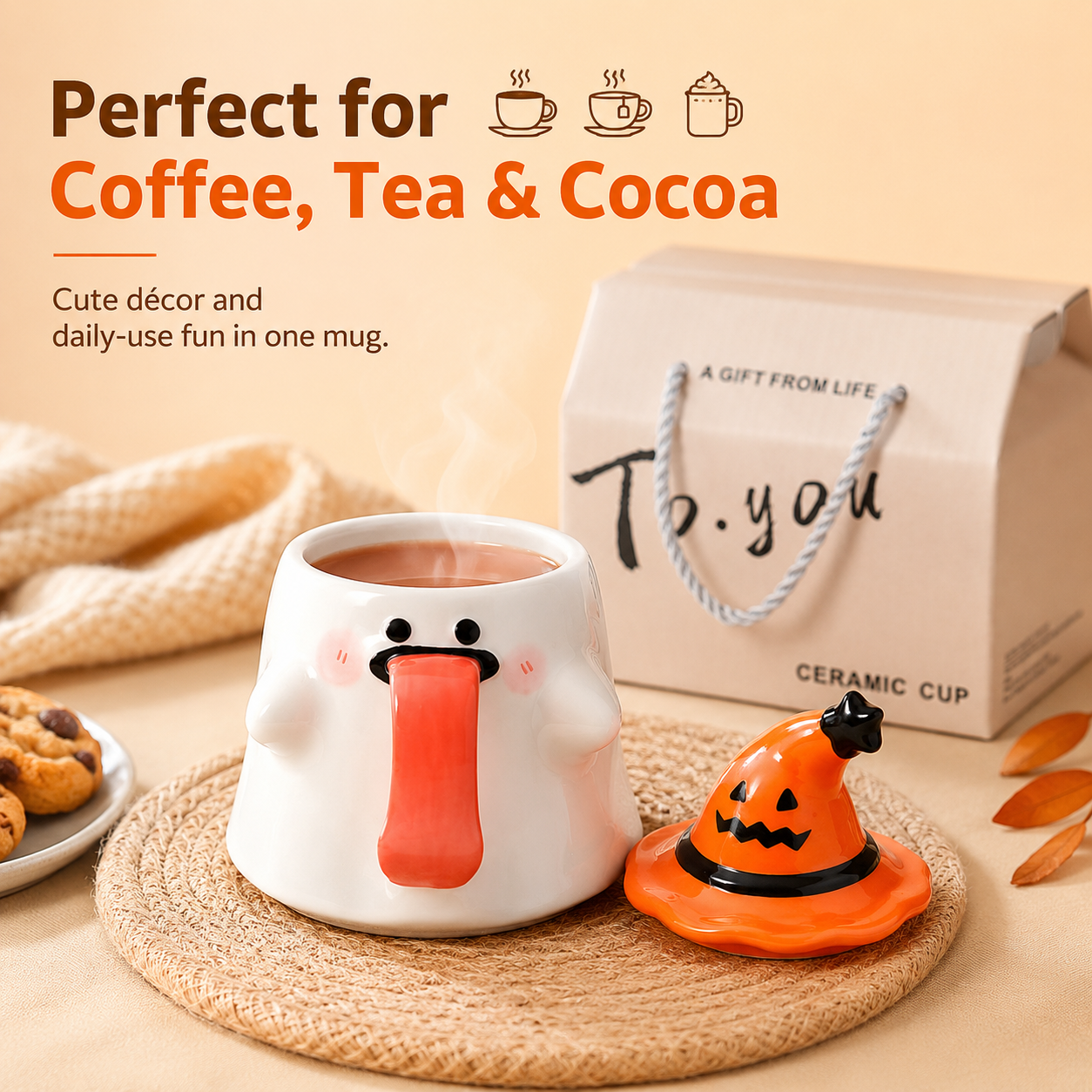 Cute Halloween Ghost Ceramic Mug with Witch Hat Lid 👻