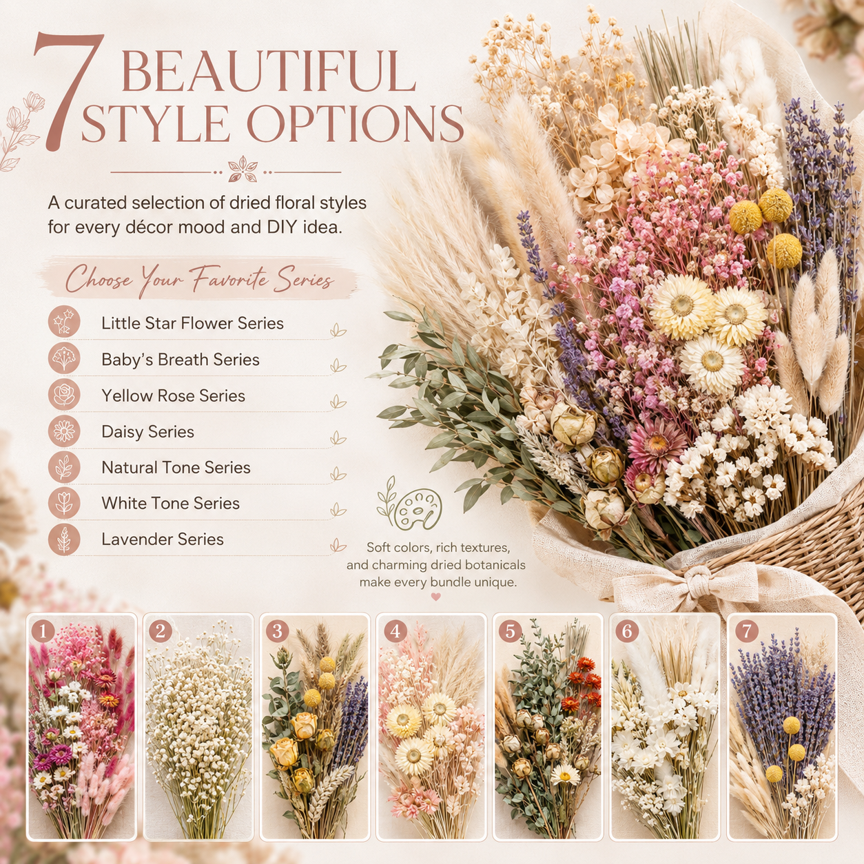 Dried Flower Bouquet Set, 7 Style Options for DIY Crafts, Vase Fillers & Home Décor 🌸