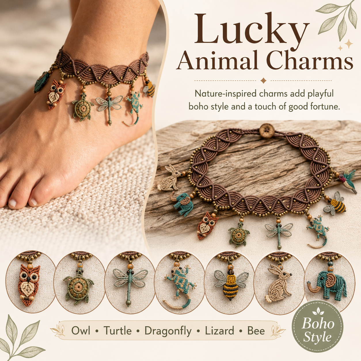 Lucky Guardian Animal Charm Anklet – Boho Woven Wave Rope Ankle Bracelet 🦉🐢🐝