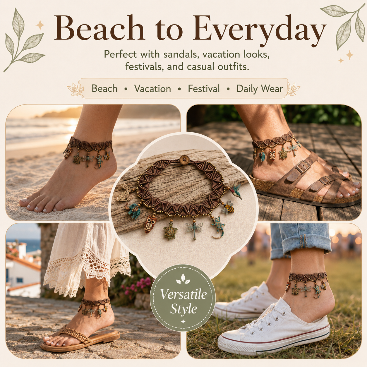 Lucky Guardian Animal Charm Anklet – Boho Woven Wave Rope Ankle Bracelet 🦉🐢🐝