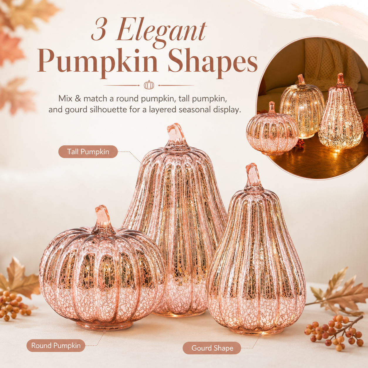 Rose Gold Mercury Glass Pumpkin Light – Battery Operated Fall Tabletop