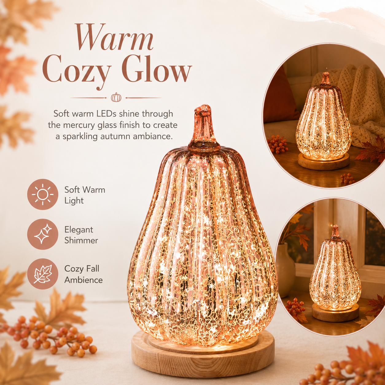 Rose Gold Mercury Glass Pumpkin Light – Battery Operated Fall Tabletop