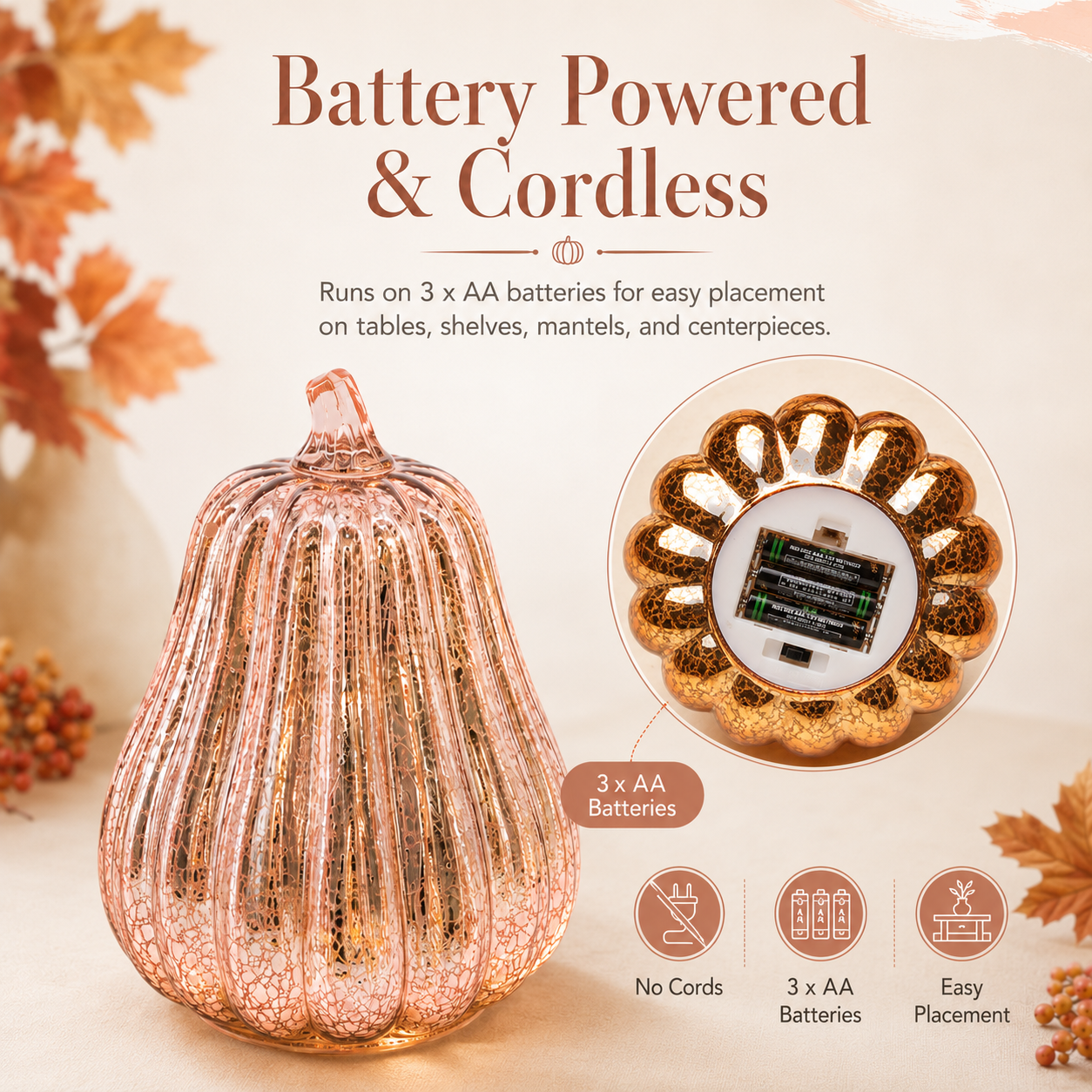 Rose Gold Mercury Glass Pumpkin Light – Battery Operated Fall Tabletop